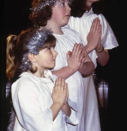 Three angels - Nativity play at St John's Methodist Church, Ashbrooke, December 1990.