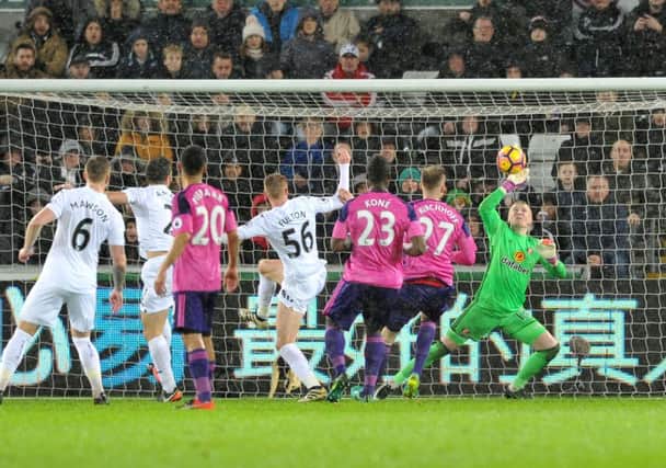 Jordan Pickford pulls off a wonder save to deny Swansea. Pic: Frank Reid