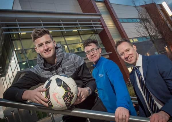 Sunderland footballer and first Improtech Soccer student, Ethan Robson, marks the partnership of the coaching company with Sunderland College, alongside Improtech owner Martin Scott and College Faculty Director John Rushworth.