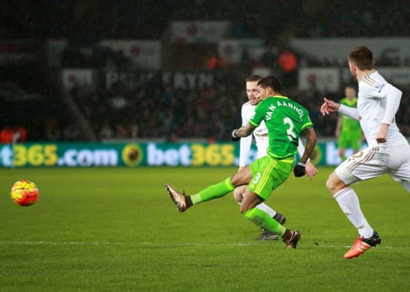 Patrick van Aanholt hits Sunderland's leveller at 2-2 in last season's win at Swansea