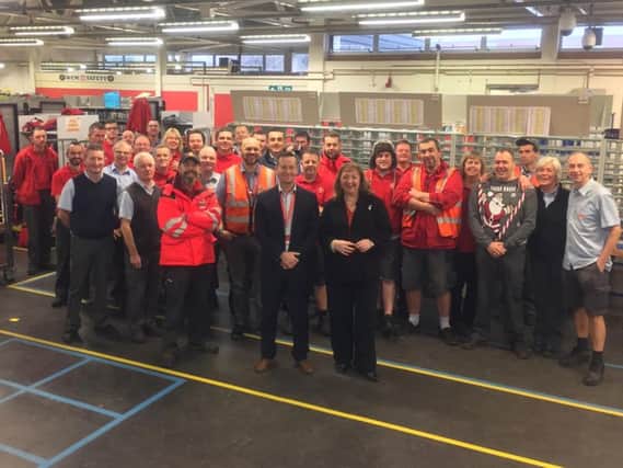 MP Sharon Hodgson with some of the workforce at the Royal Mail sorting depot in Washington.