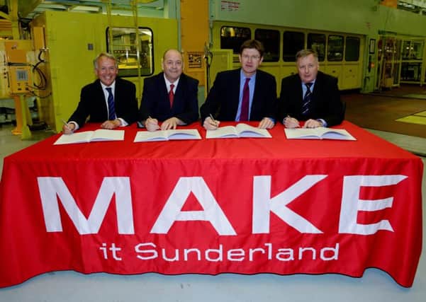 The signing of the Sunderland and South Tyneside City Deal. From left, NELEP chairman Paul Woolston, Sunderland City Council leader Paul Watson, Cities Minister Greg Clark and Coun Iain Malcolm, leader of South Tyneside Council.
