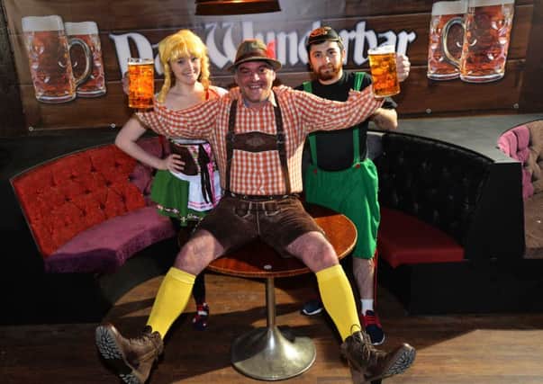 South Shields first Bierkeller, Das Wunderbar. From left supervisor Laura Heppell, entertainer Rob Orton and bar staff Mario Rascol