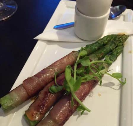 Duck egg and asparagus and Parma ham soldiers