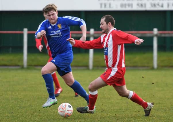 Seaham Red Star Reserves (red/white) v Richmond Town (blue) in Monkwearmouth Cup at Seaham Town Park on Saturday.