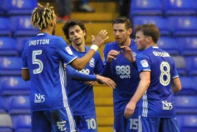Birmingham City celebrate Lukas Jutkiewicz's leveller against Newcastle. Picture by Terry Rickeard