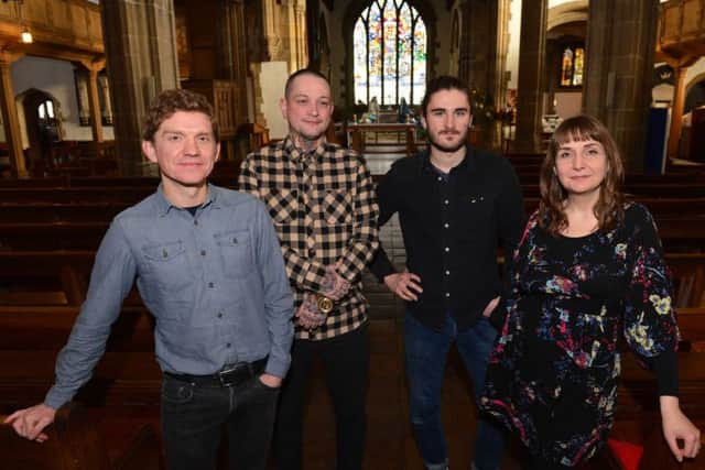 Syrian crisis fundraising music event at Sunderland Minster. From left Field Music's Peter Brewis, Independent nightclub manager Chris Whalen, Lilliput's Joseph Collins and The Cornshed Sisters' Jennie Brewis.
