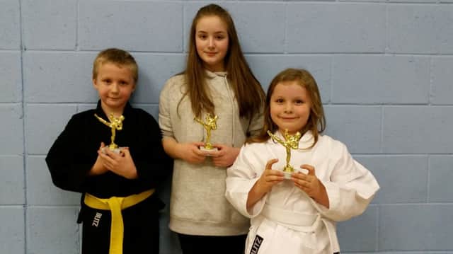 Doxford Park Community Centre Karate Club's students of the year, James Scott, 8, Louise Hall, 13, and Anna Potts, 7, with their trophies.