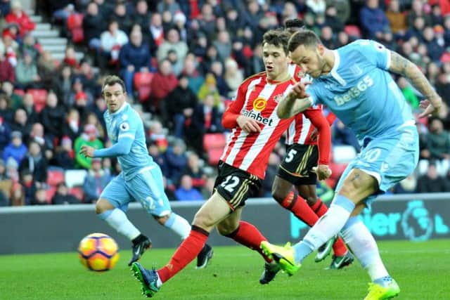 Marko Arnautovic slams home his, and Stoke's, second goal in the Potters' 3-1 win at Sunderland. Picture by Frank Reid