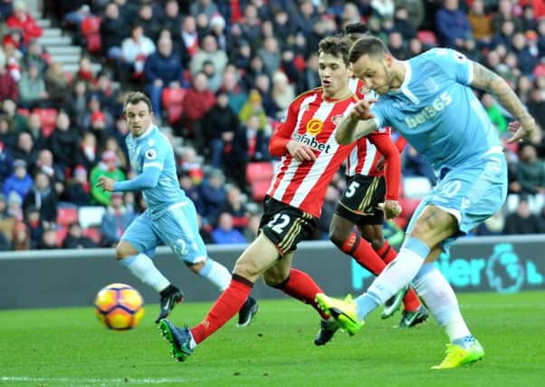 Marko Arnautovic slams home his, and Stoke's, second goal in the Potters' 3-1 win at Sunderland. Picture by Frank Reid