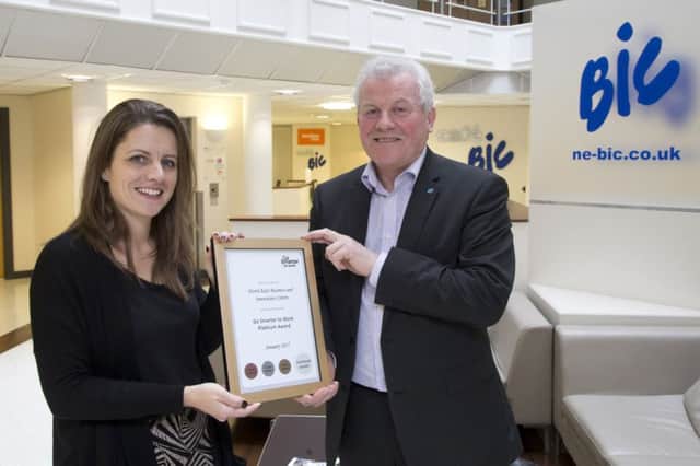 Emma Allan, Acting Programme Manager for Go Smarter, awards Bic director of operations David Howell with the  Platinum Accreditation Award.