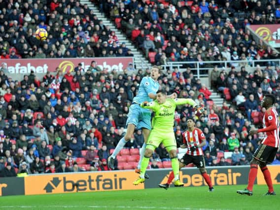 Peter Crouch heads in Stoke City's third goal at the Stadium of Light. Picture by FRANK REID
