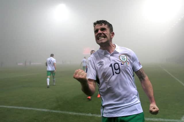 Robbie Brady celebrates scoring for the Republic of Ireland