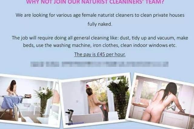 The Facebook advert which promises naked cleaners pay of 45 an hour.