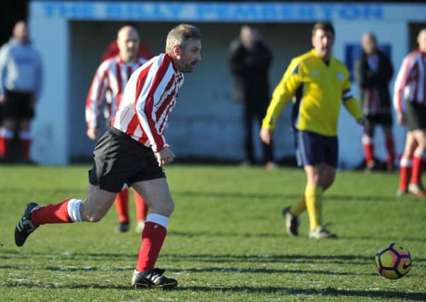 Wearmouth Old Boys (stripes) attack against Durham County in the Over-40s League last week. Picture by Tim Richardson