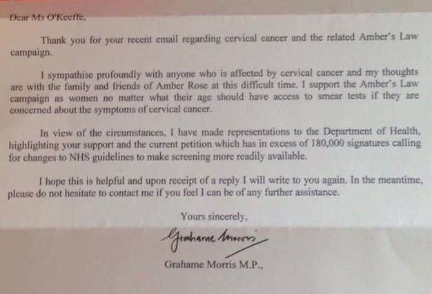 A letter from Easington MP Grahame Morris about Amber's Law, in memory of Amber Rose Cliff.
