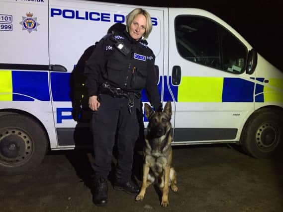 Police dog Zeeke with his handler, Pc Vicky Lott. Pic: Northumbria Police.