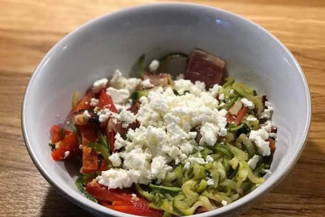 Courgetti spaghetti with bacon, roasted red pepper and feta cheese.
