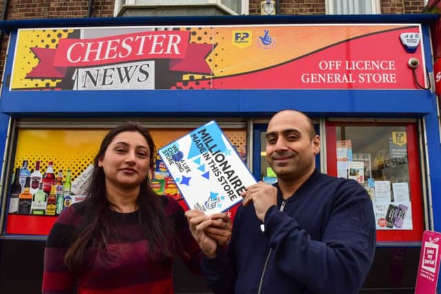 Jason and Amanjot Kooner who run the Chester News in Chester Road, Sunderland, have sold a Â£1 million plus ticket to one of their customers