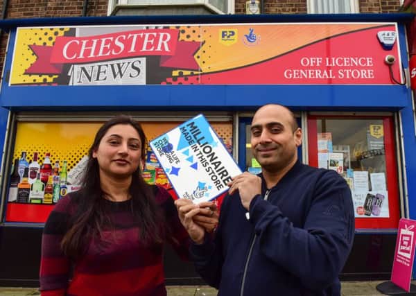 Jason and Amanjot Kooner who run the Chester News in Chester Road, Sunderland, have sold a Â£1 million plus ticket to one of their customers