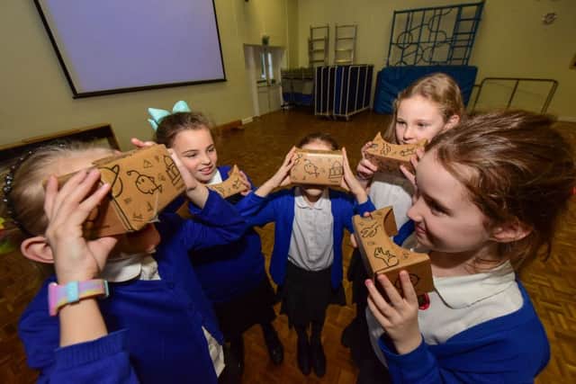 Pupils at East Herrington Primary School taking part in a virtual reality trip with the help of Google Expeditions.