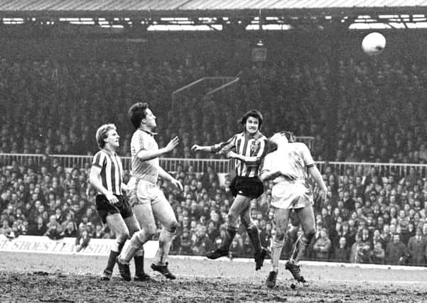 Stan Cummins heads his second goal of four in a 5-0 demolition of Burnley on February 9, 1980