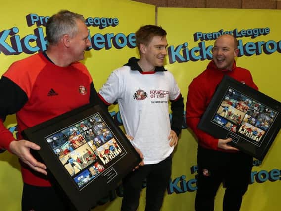 From left to right, Ian Corner, Sunderland AFC player Duncan Watmore and Mark Pae.