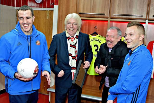 John O'Shea, Kevin Ball and Seb Larsson honour Steve Hogg for his work as a patient research ambassador in the North East, having suffered a stroke 10 years ago.
