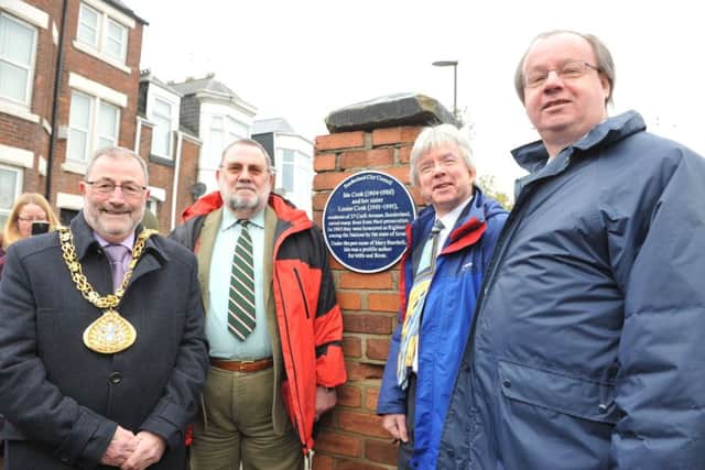 Unveiling a blue plaque in memory of Ida and Louise Cook, at Croft Avenue, Chester Road, Sunderland, nephew's John, Peter and Rolf Cook, with the Mayor of Sunderland Coun Alan Emerson.