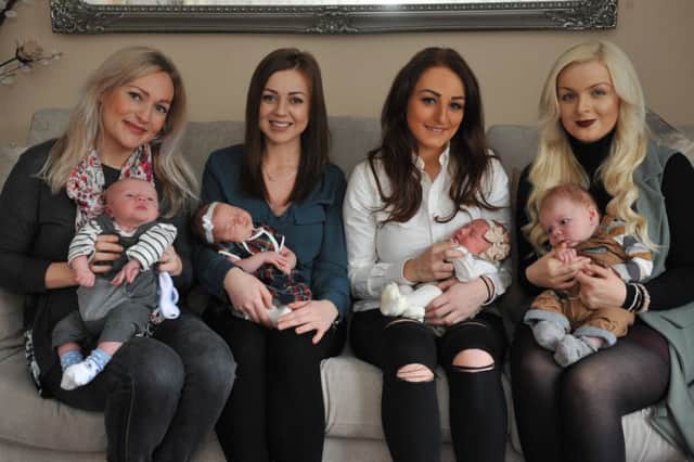 Clare Polson with son Harrison, Victoria Martin and daughter Penelope, Donna McCormack and daughter Ada, and Melissa Brown and son James.