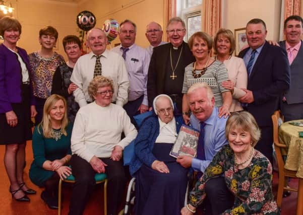 Sister Mary Benedict of the Oaklea Convent, Tunstall Road, Sunderland, who celebrated her 100th birthday on the 27th of January, pictured with family from Ireland and America and Bishop Seamus Cunningham the Bishop of Hexham and Newcastle.