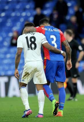 Friends Jermain Defoe and Patrick van Aanholt go off together at the final whistle. Picture by Frank Reid