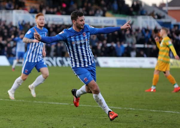 Padraig Amond celebrates his goal for Pools against Yeovil. Picture by Tom Banks