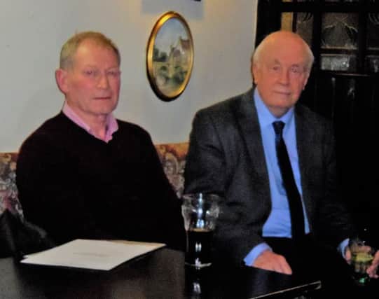 Researcher and presenter John Gibson after his Bismarck presentation (right) to Boldon History Society with friend John Douglas who helped develop the support graphics.