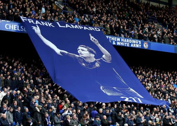 A Frank Lampard banner in the stands during the Premier League match at Stamford Bridge