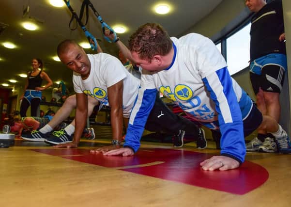 Olympian Colin Jackson taking part in a fitness session at the Sunderand Aquatic Centre as part of the Sunderland Go Dad Run, which takes place in April.