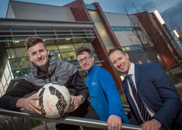 Martin Scott, Sunderland College's John Rushworth and Sunderland AFC midfielder Ethan Robson - Improtech's first student - at the launch of the new College course.