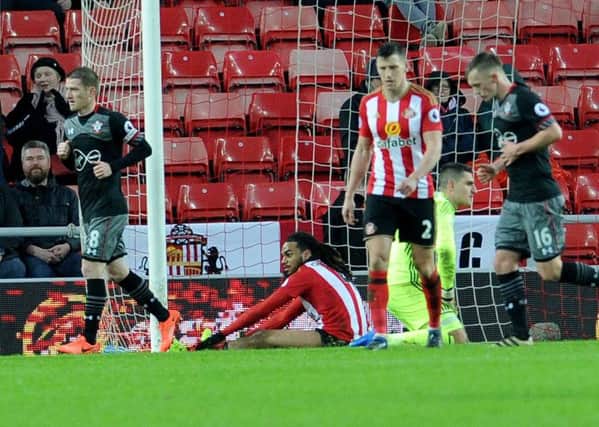 Jason Denayer, on the ground, despairs after his own goal put Southampton 3-0 up today. Picture by Frank Reid