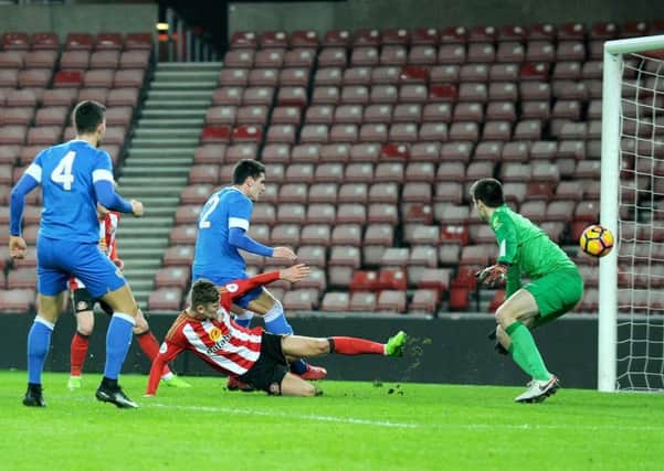 Ethan Robson puts Sunderland U23s ahead against Athletic Bilbao. Picture by Frank Reid