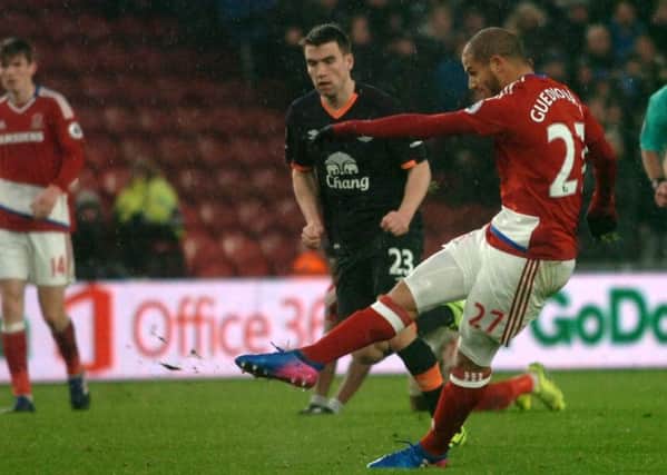 Adlene Guedioura drives in a shot for Middlesbrough in last week's goalless Premier League draw with Everton. Picture by Tom Collins.