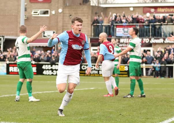 Dillon Morse celebrates putting South Shields 3-0 up in their FA Vase quarter-final. Picture by Peter Talbot