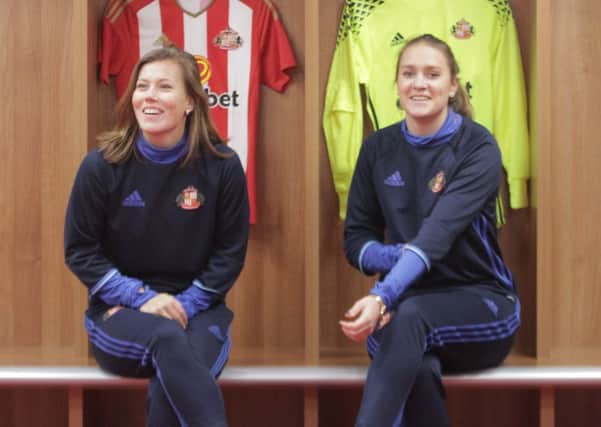 New signings Dominique Bruinenberg (left) and Anke Preuss happy in their new surroundings at the Stadium of Light. Picture: SAFC.