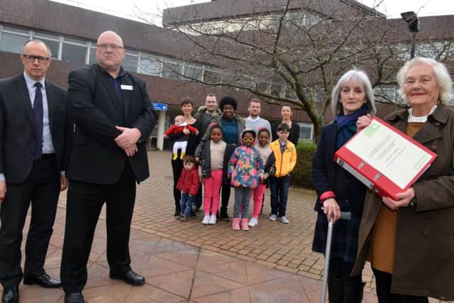 Domestic violence petition hand over to Sunderland City Council. From left  Housing Support and Community Living Alan Caddick, Health Housing and Adult Services Coun Graeme Miller, WWIN director Clare Phillipson and WWIN chair Doris Maddison
