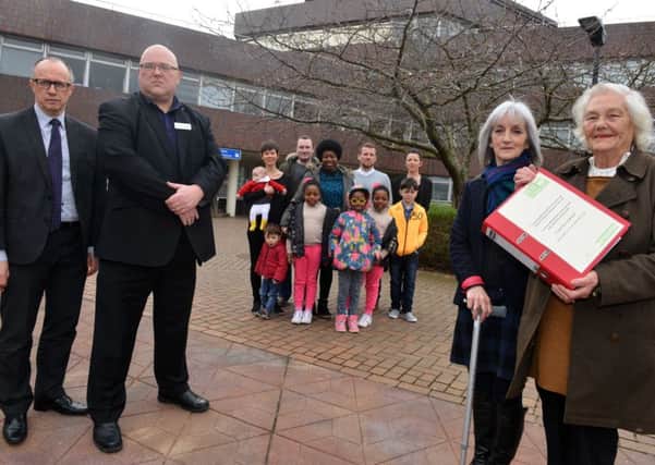 Domestic violence petition hand over to Sunderland City Council. From left  Housing Support and Community Living Alan Caddick, Health Housing and Adult Services Coun Graeme Miller, WWIN director Clare Phillipson and WWIN chair Doris Maddison