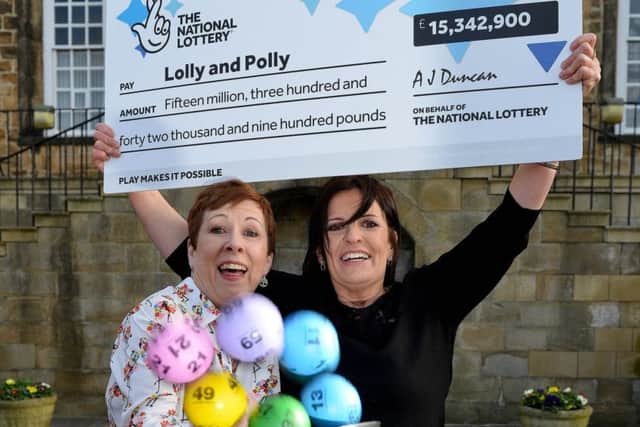 Lottery winners Lorraine Smith (left) and Paula Barraclough who have scooped Â£15,342,900.