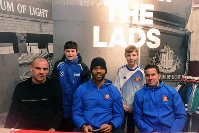 New Sunderland AFC player signing session.
Players from left Darron Gibson, Joleon Lescott and Bryan Oviedo