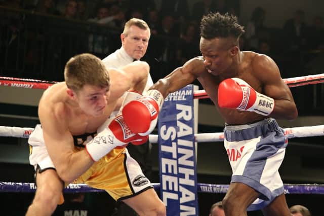 Thomas Essomba puts Jay Harris under the cosh in Friday's Commonwealth title fight. Picture by Natalie Mayhew/Butterfly Boxing