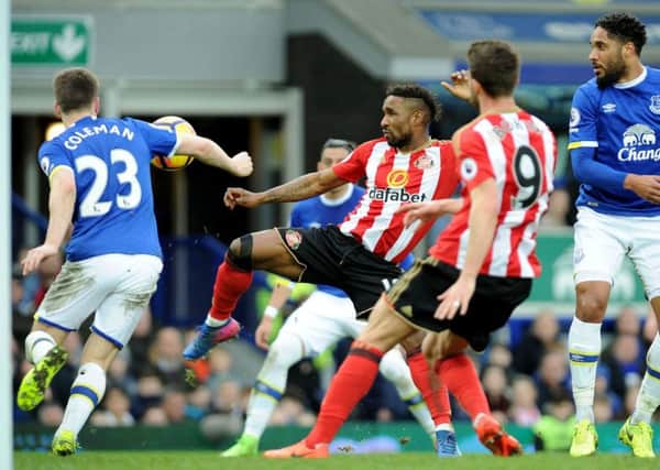 Jermain Defoe stretches to get a shot away in a crowded box in the 2-0 weekend defeat at Everton. Picture by Frank Reid