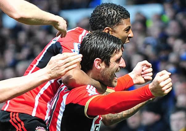 Danny Graham celebrates his first ever SAFC goal in the 2-0 win over Everton at Goodison Park in May 2015. Picture by Frank Reid