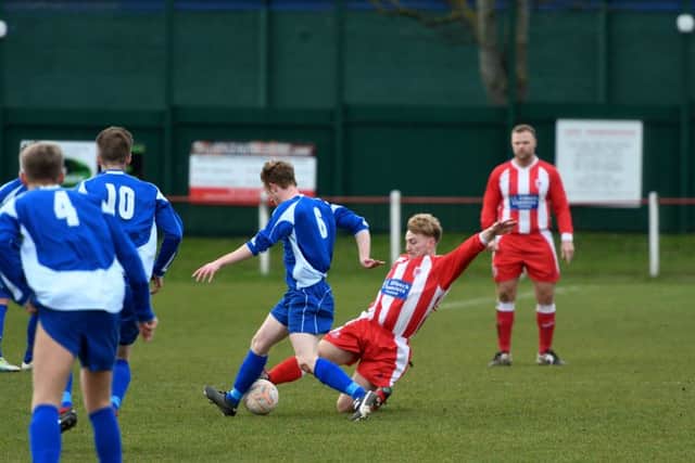 Seaham Red Star Reserves (red/white) v Jarrow (blue) at Seaham Town Park on Saturdaty.